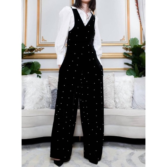 EVA FRANCO brewster jumpsuit in black velvet pearl sizes 4,8 - Picture 2 of 9